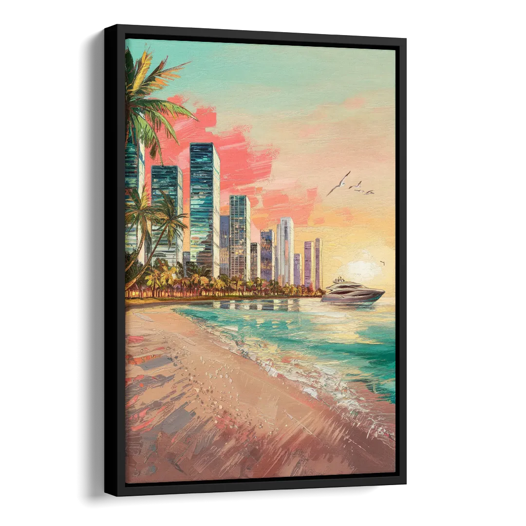 Miami Beachfront Horizon Side - Black Canvas Wall Art