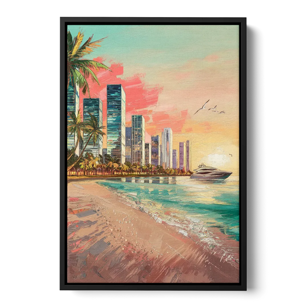 Miami Beachfront Horizon Front - Black Canvas Wall Art