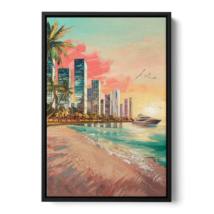 Miami Beachfront Horizon Front - Black Canvas Wall Art