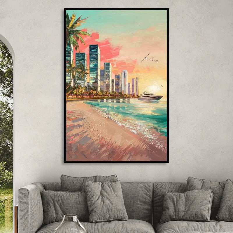 Miami Beachfront Horizon Living Room - Black Canvas Wall Art