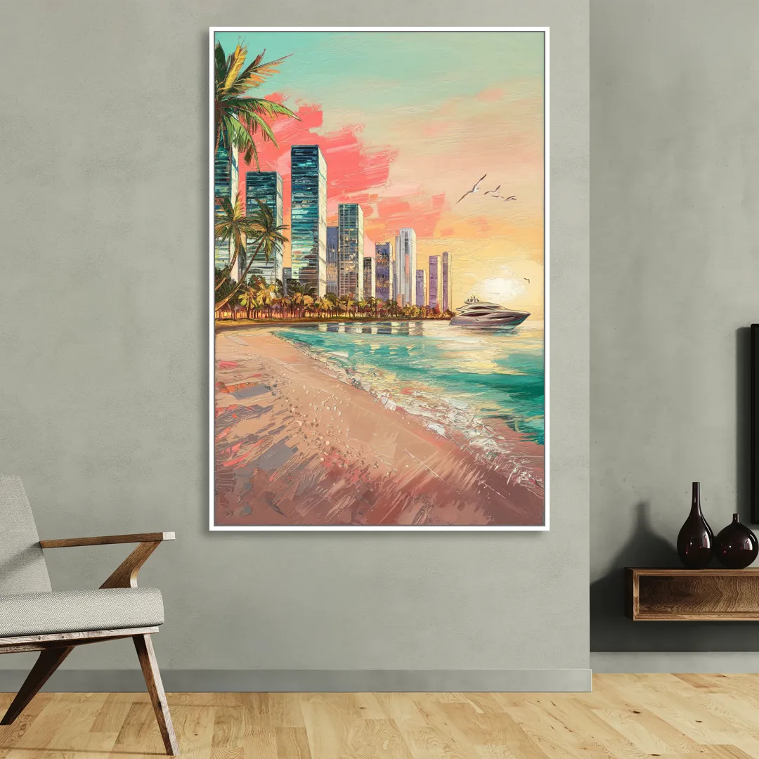 Miami Beachfront Horizon Sitting Room - White Canvas Wall Art