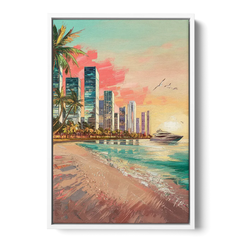 Miami Beachfront Horizon Front - White Canvas Wall Art
