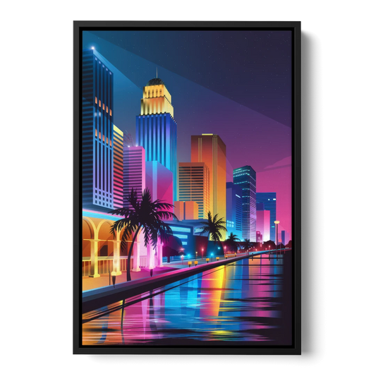 Miami Cityscape by Night - Black Framed Canvas Wall Art - Front
