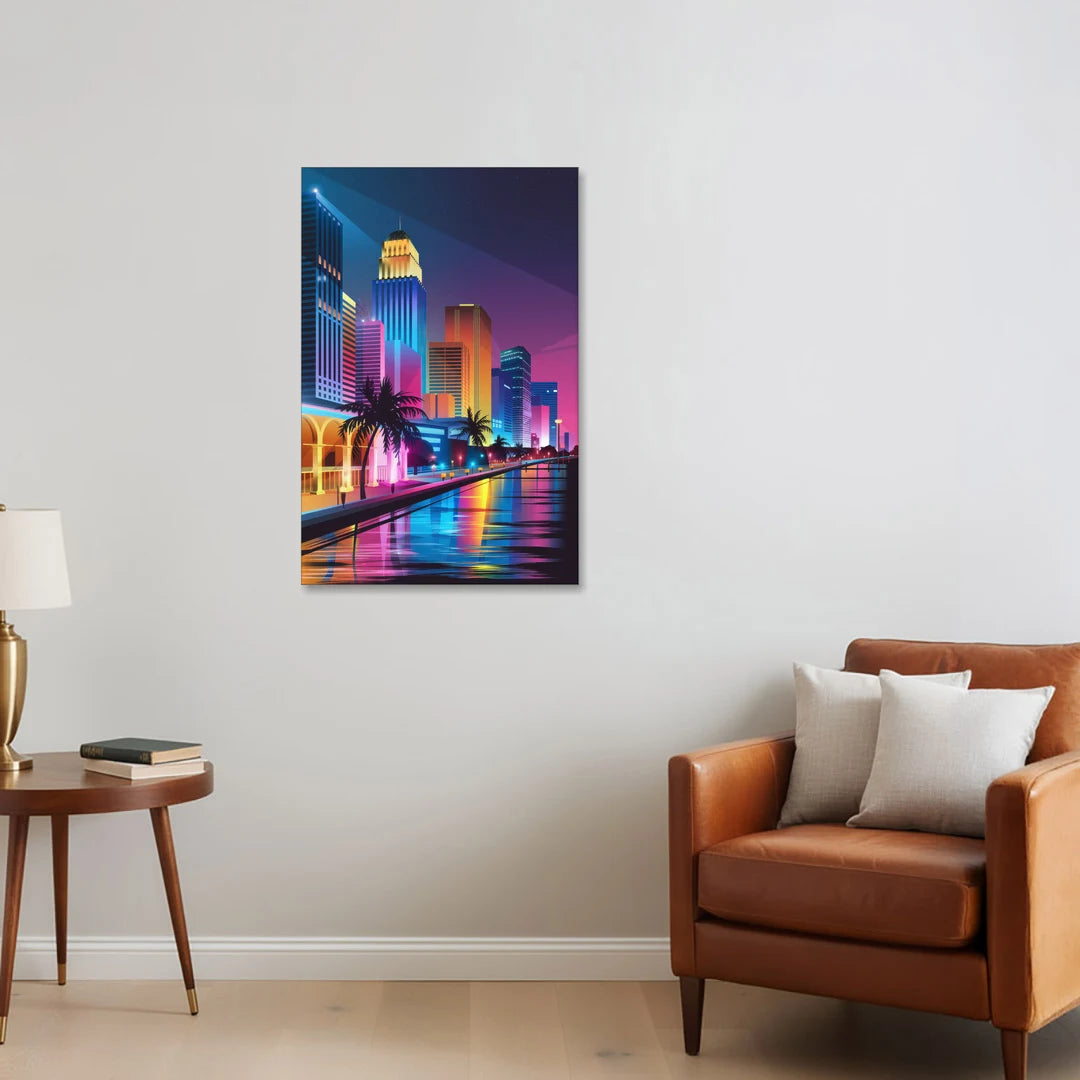Miami Cityscape by Night - Canvas Wall Art - Sofa - 24x36