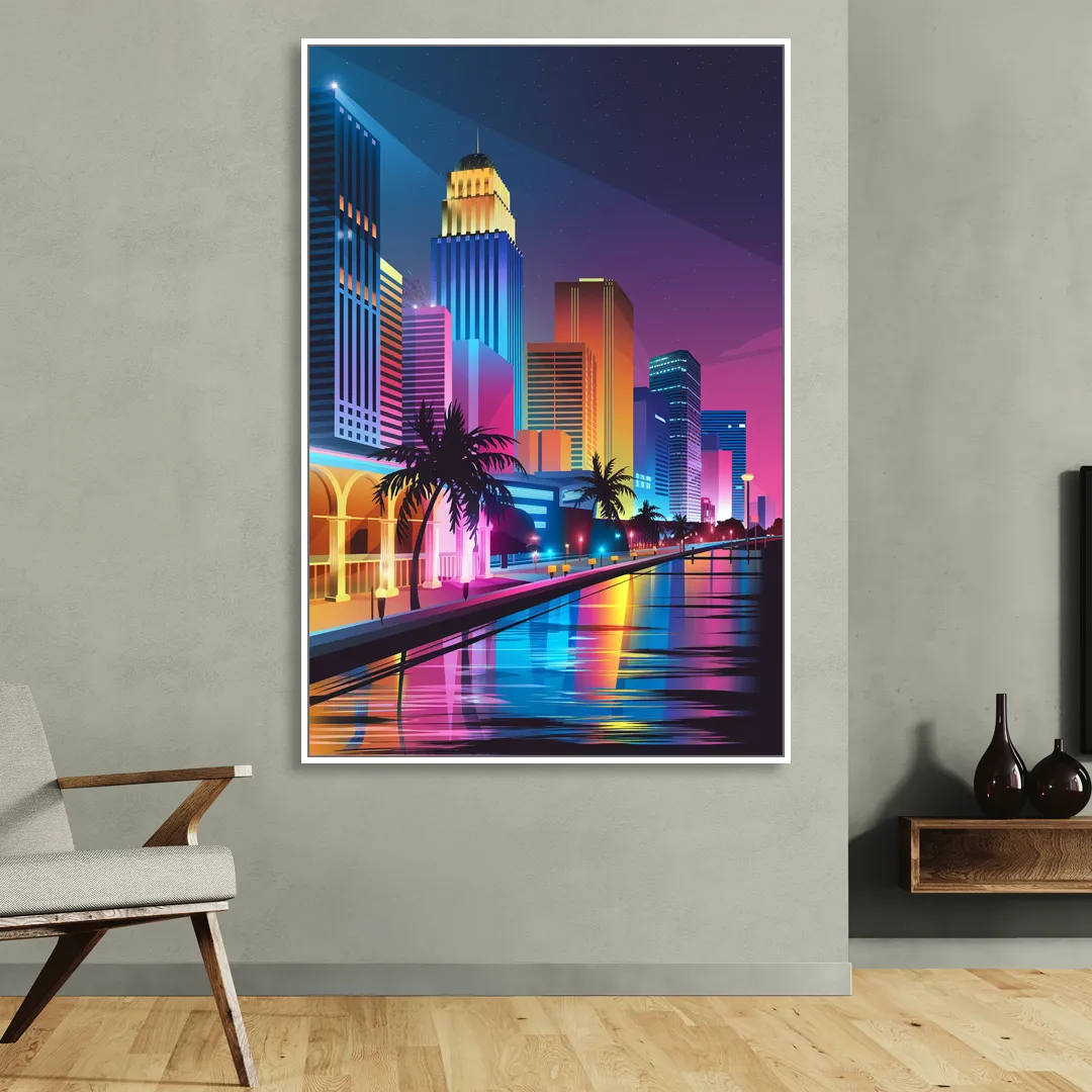 Miami Cityscape by Night Living Room - White Canvas Wall Art