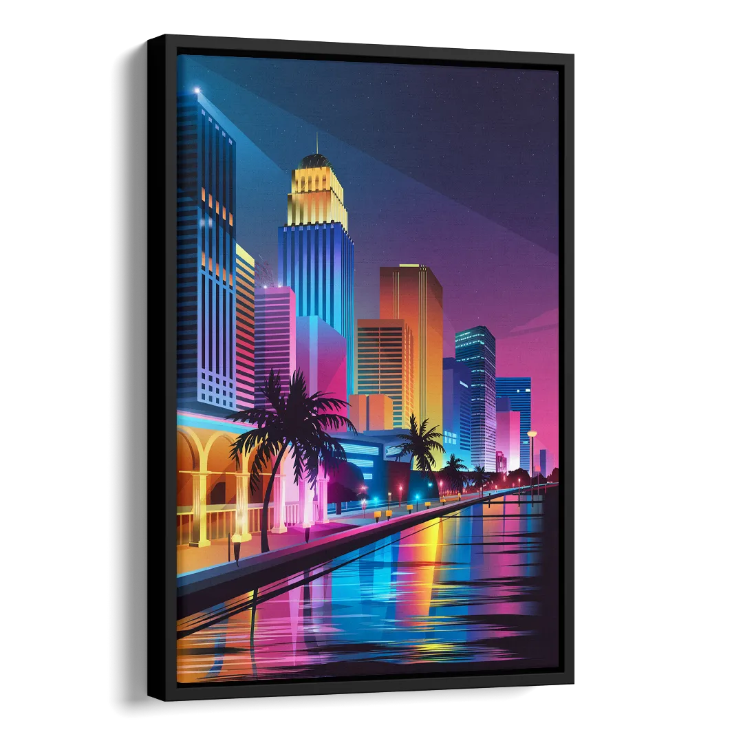 Miami Cityscape by Night Side - Black Canvas Wall Art