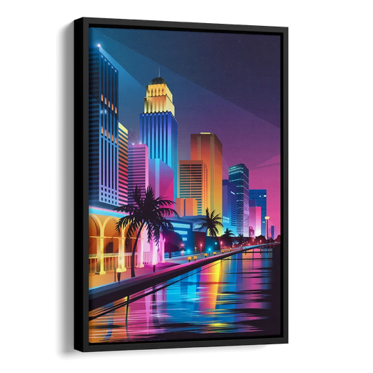 Miami Cityscape by Night Side - Black Canvas Wall Art