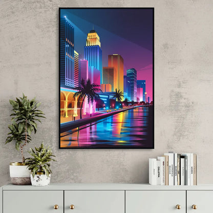 Miami Cityscape by Night Sitting Room - Black Canvas Wall Art