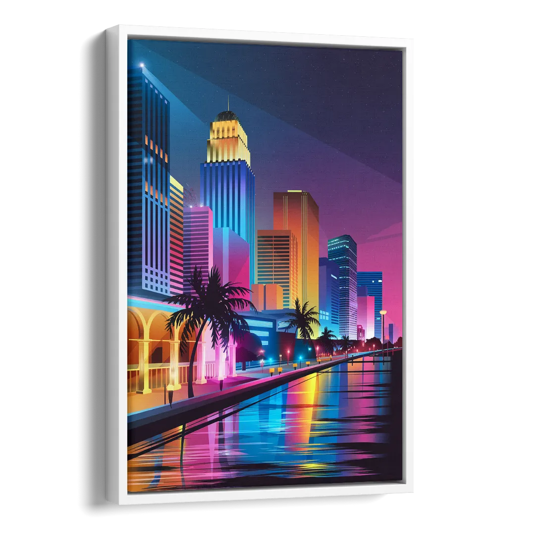 Miami Cityscape by Night Side - White Canvas Wall Art