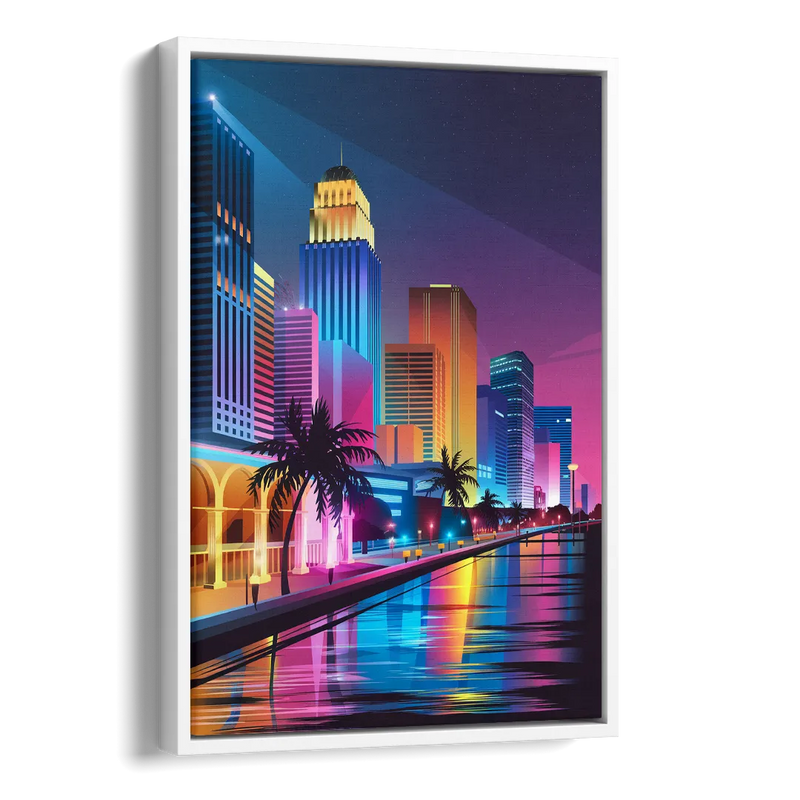 Miami Cityscape by Night Side - White Canvas Wall Art