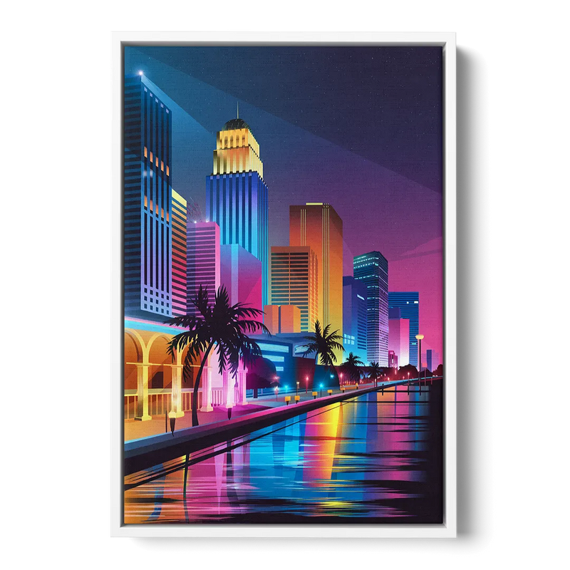Miami Cityscape by Night Front - White Canvas Wall Art