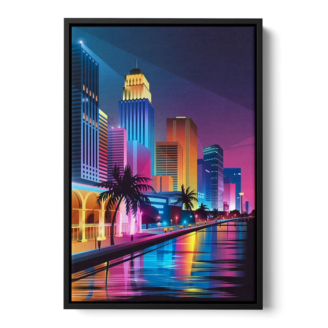 Miami Cityscape by Night Front - Black Canvas Wall Art