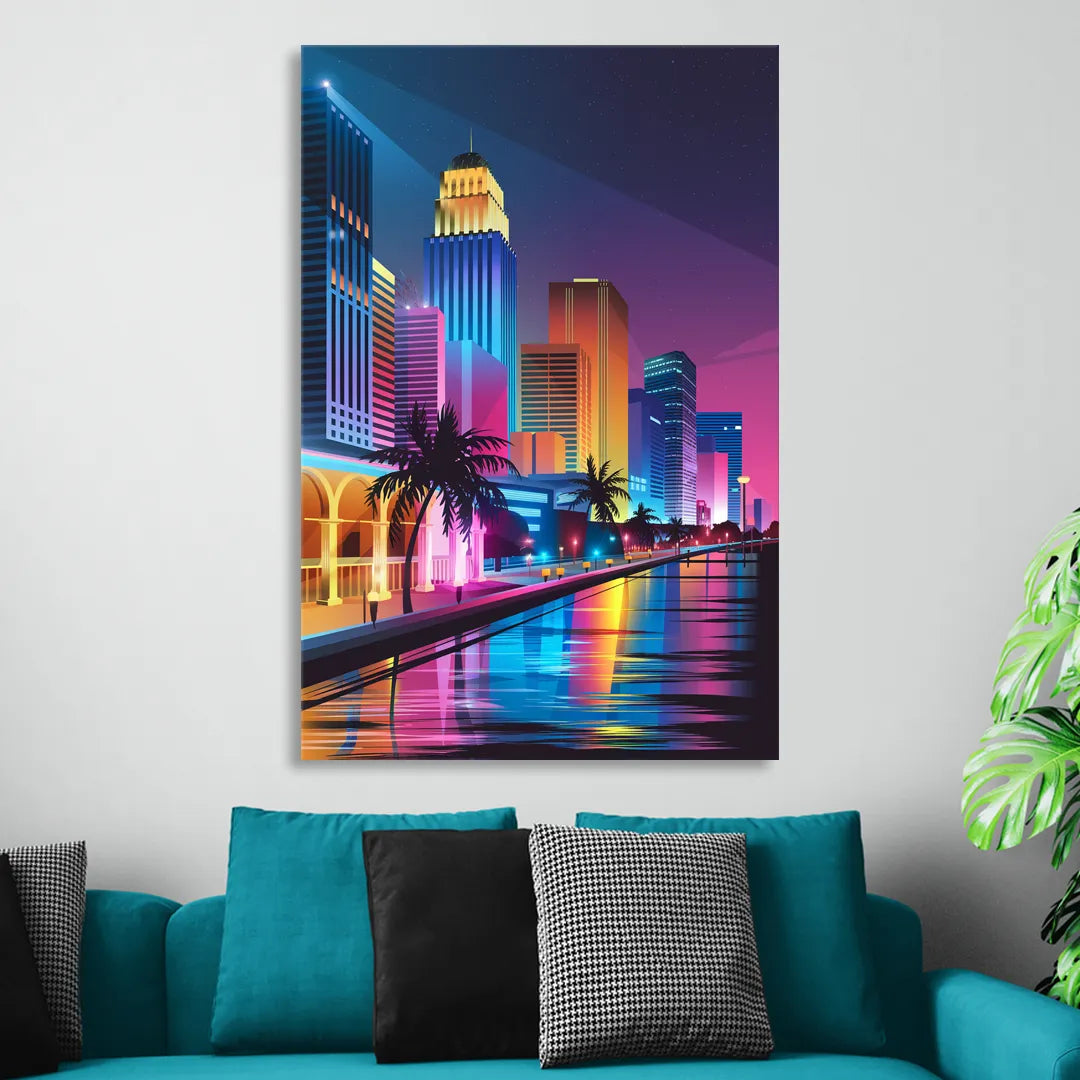 Miami Cityscape by Night Sitting Room - Canvas Wall Art