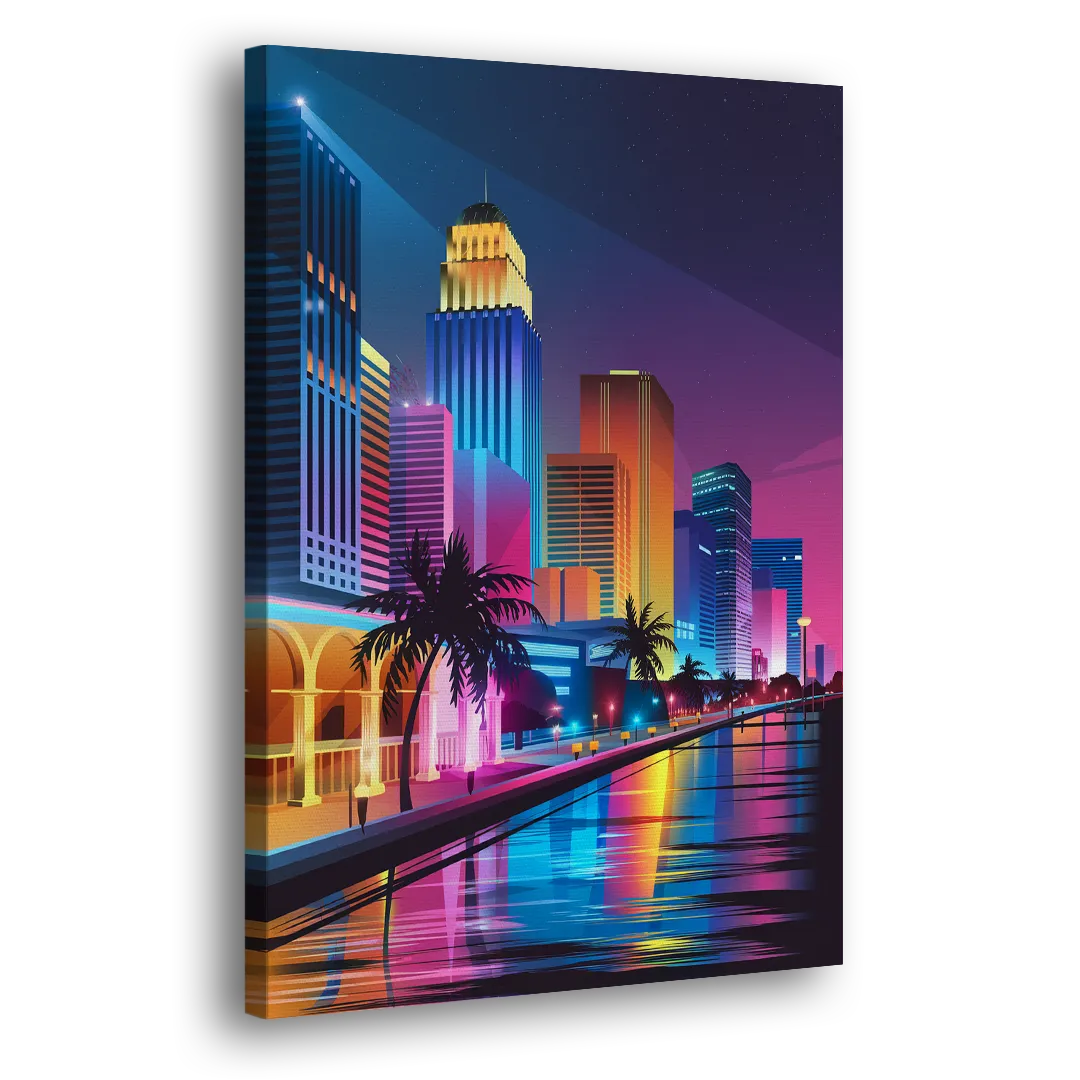 Miami Cityscape by Night Side - Canvas Wall Art