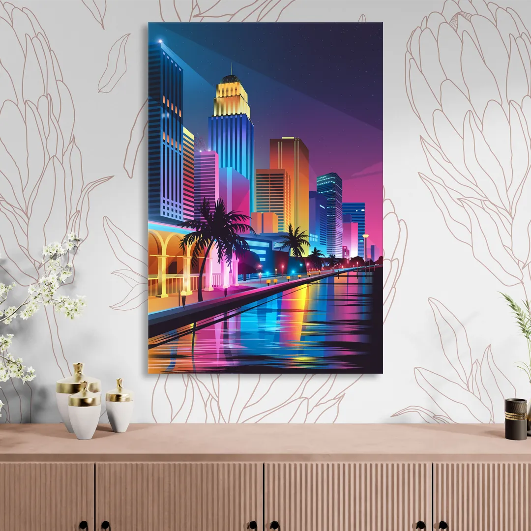 Miami Cityscape by Night Living Room - Canvas Wall Art