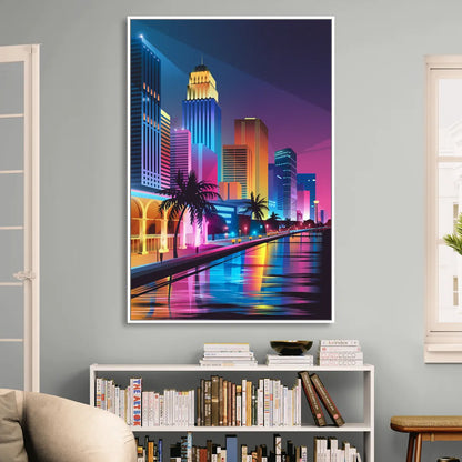 Miami Cityscape by Night Sitting Room - White Canvas Wall Art