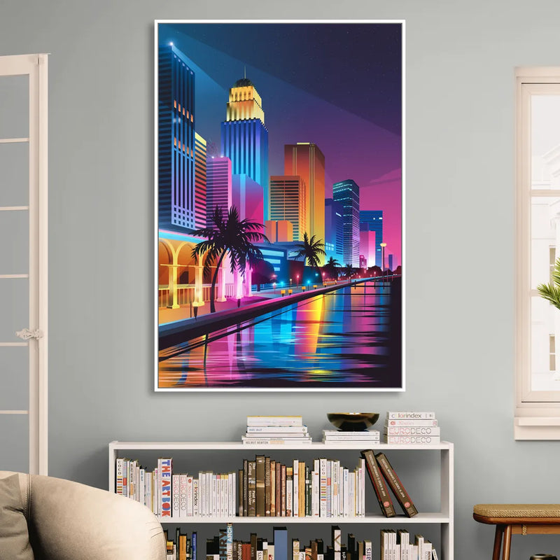 Miami Cityscape by Night Sitting Room - White Canvas Wall Art
