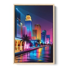Miami Cityscape by Night - Oak Framed Canvas Wall Art - Front