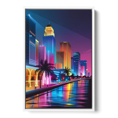 Miami Cityscape by Night - White Framed Canvas Wall Art - Front