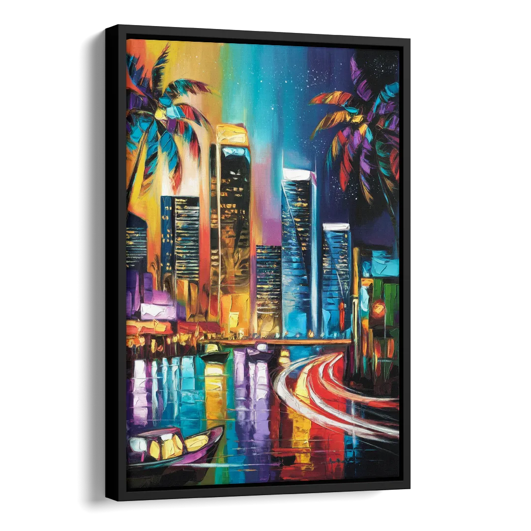 Miami Downtown Energy Side - Black Canvas Wall Art