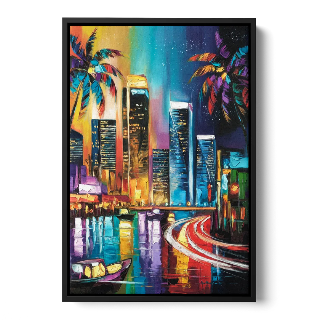 Miami Downtown Energy Front - Black Canvas Wall Art
