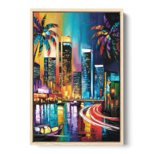 Miami Downtown Energy - Oak Framed Canvas Wall Art - Front