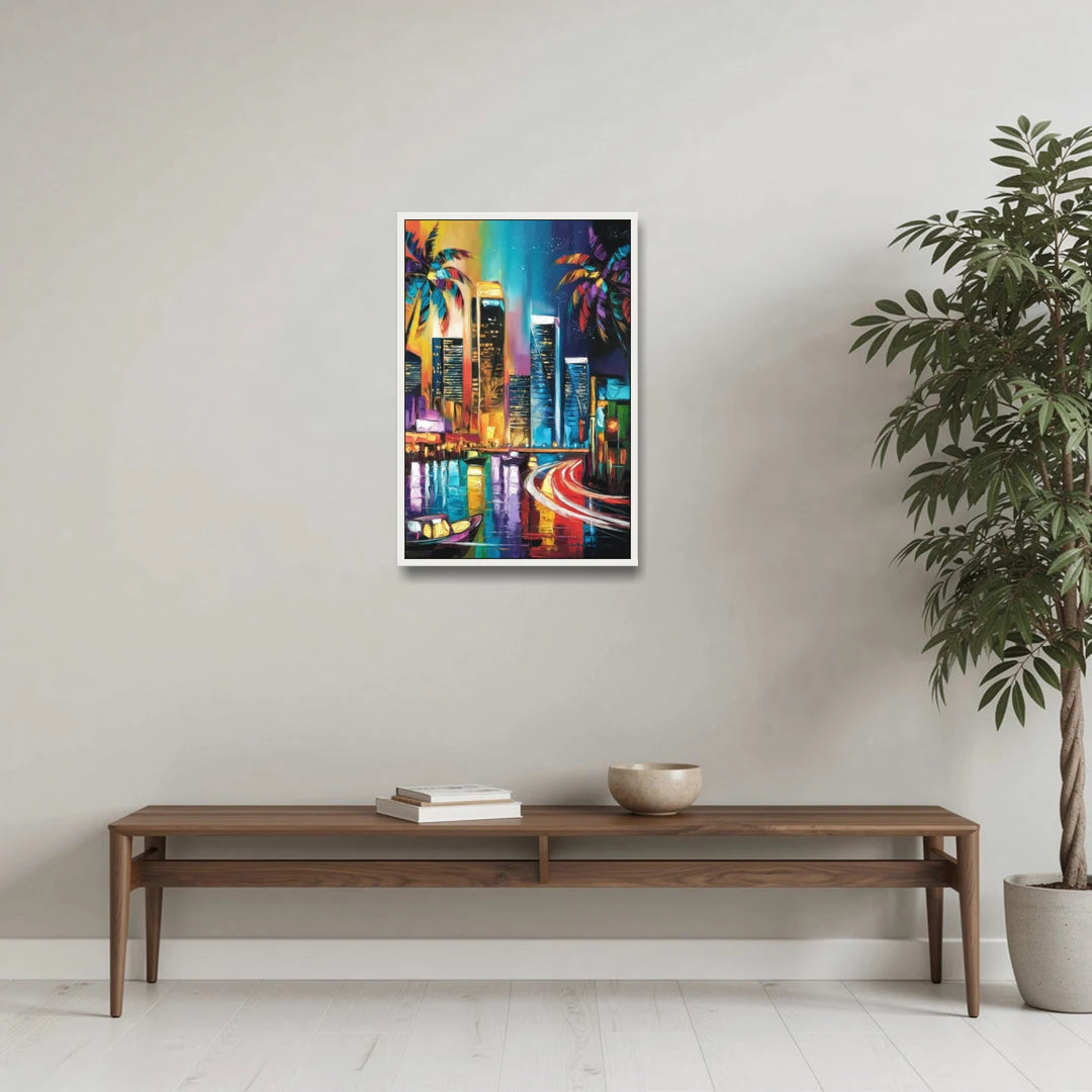 Miami Downtown Energy - White Framed Canvas Wall Art - Coffee Table - 20x30
