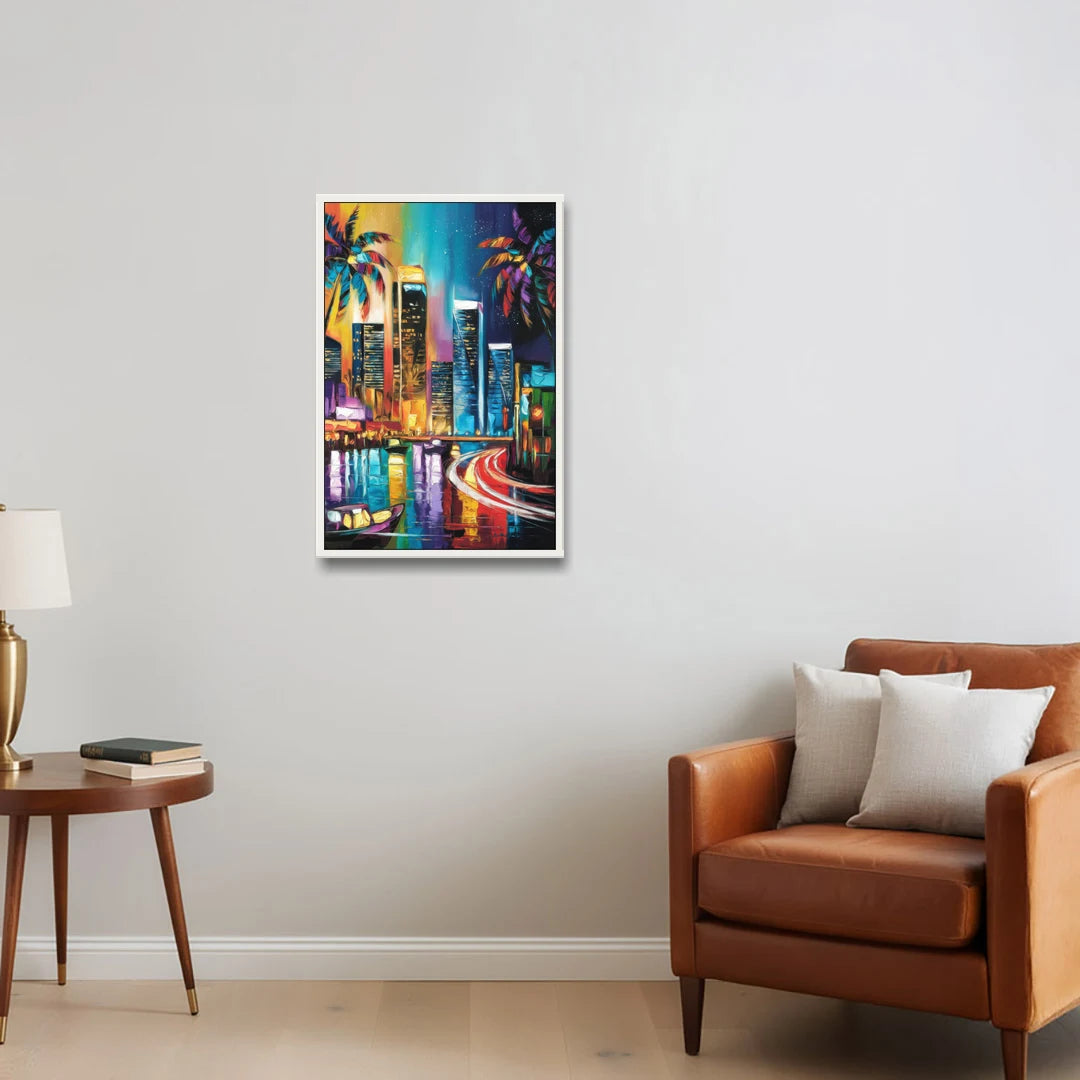 Miami Downtown Energy - White Framed Canvas Wall Art - Sofa - 20x30
