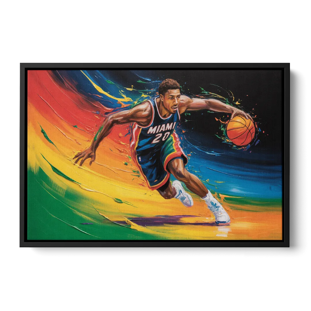 Miami Heat Energetic Basketball Impressionism Art - Black Frame Canvas