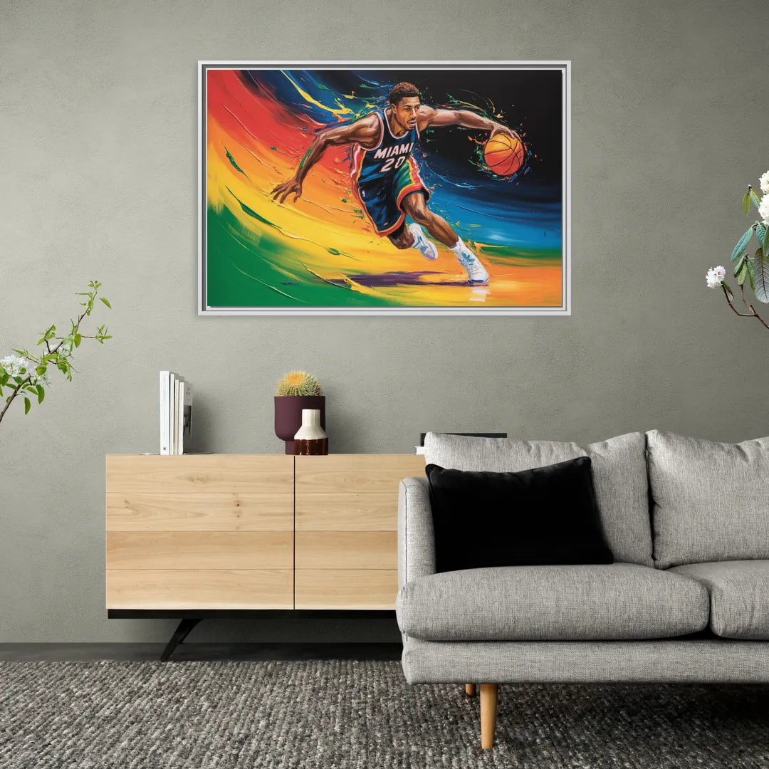 Miami Heat Energetic Basketball Impressionism Art - Living Room White Frame Canvas