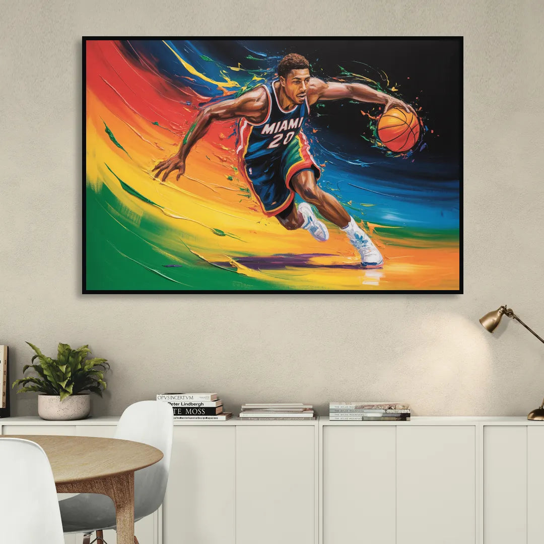 Miami Heat Energetic Basketball Impressionism Art Sitting Room - Black Canvas Wall Art