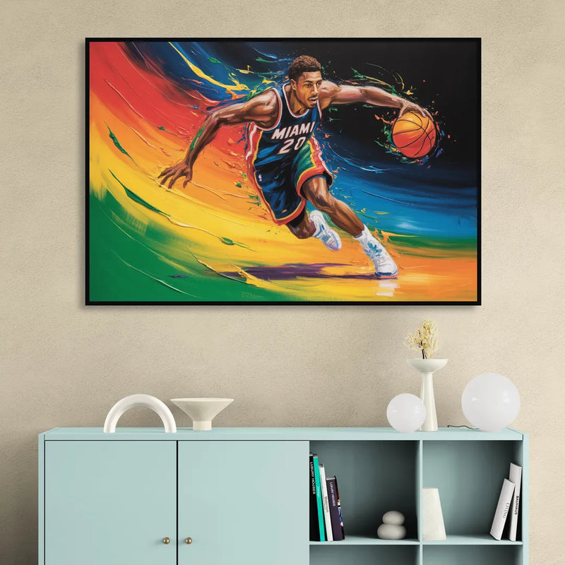 Miami Heat Energetic Basketball Impressionism Art Living Room - Black Canvas Wall Art