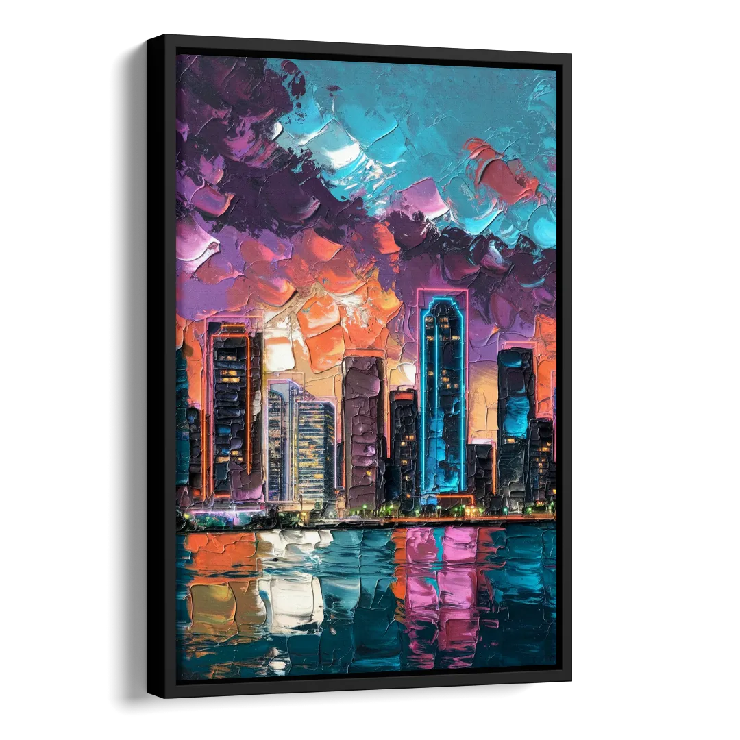 Miami Iconic Skyline Side - Black Canvas Wall Art
