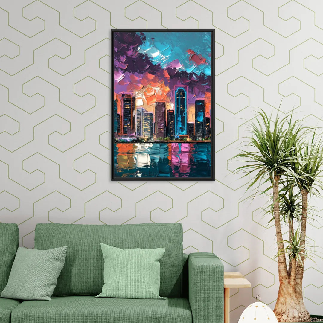Miami Iconic Skyline - Living Room Black Frame Canvas