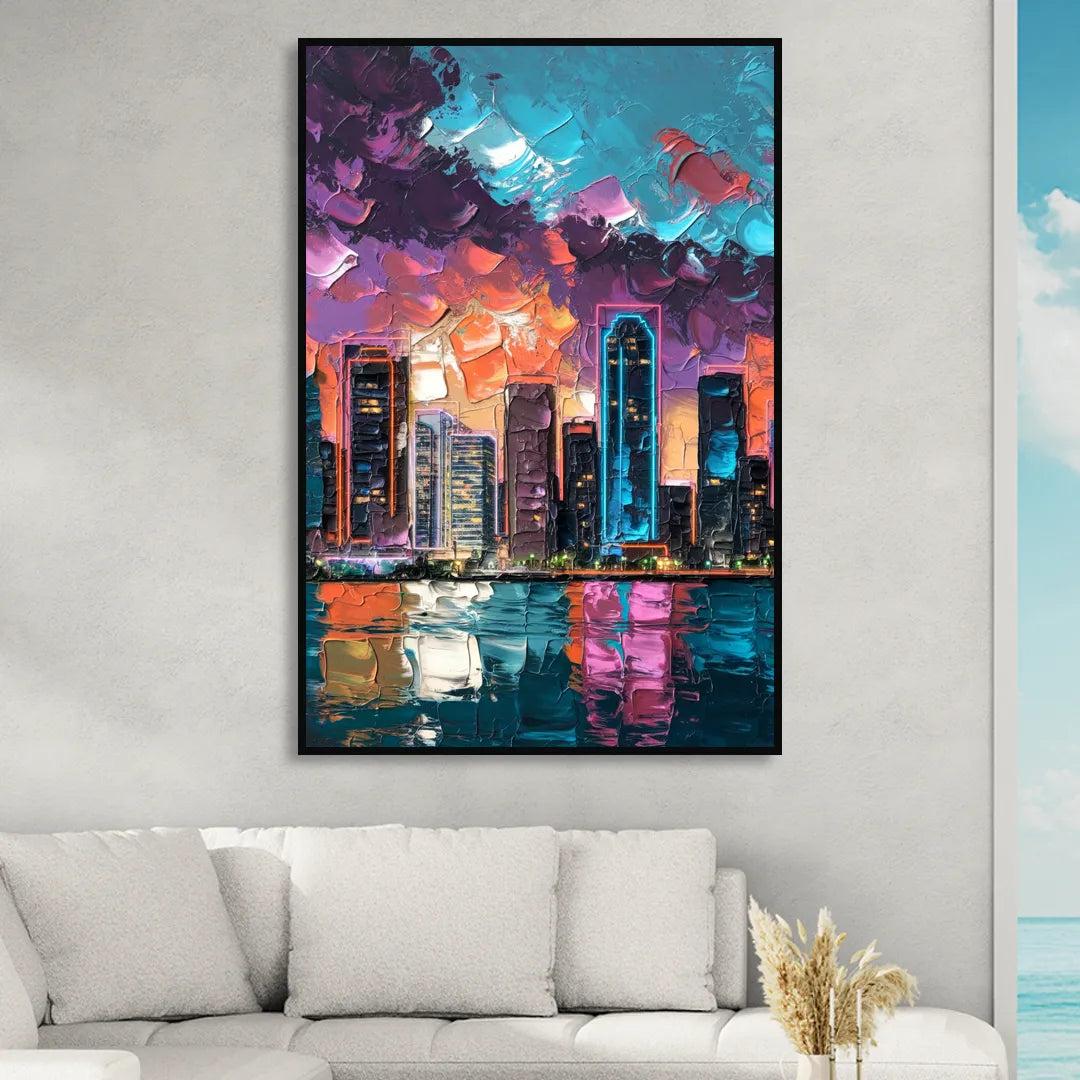 Miami Iconic Skyline Living Room - Black Canvas Wall Art