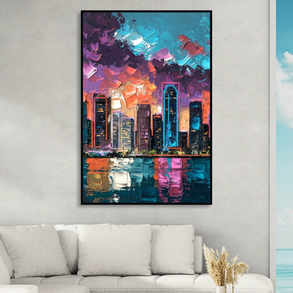 Miami Iconic Skyline Living Room - Black Canvas Wall Art