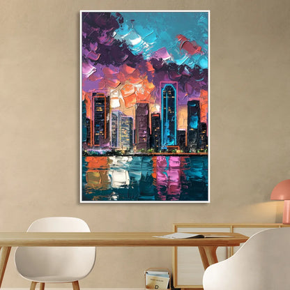 Miami Iconic Skyline Living Room - White Canvas Wall Art