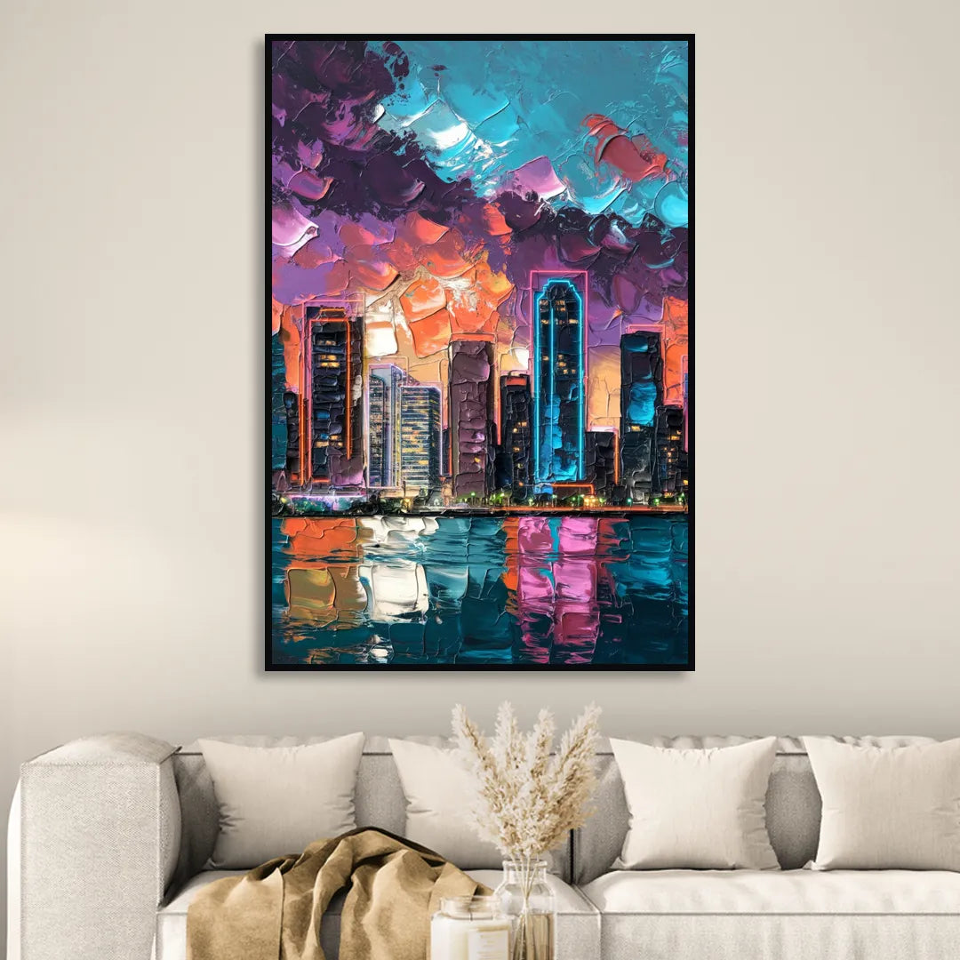 Miami Iconic Skyline Sitting Room - Black Canvas Wall Art