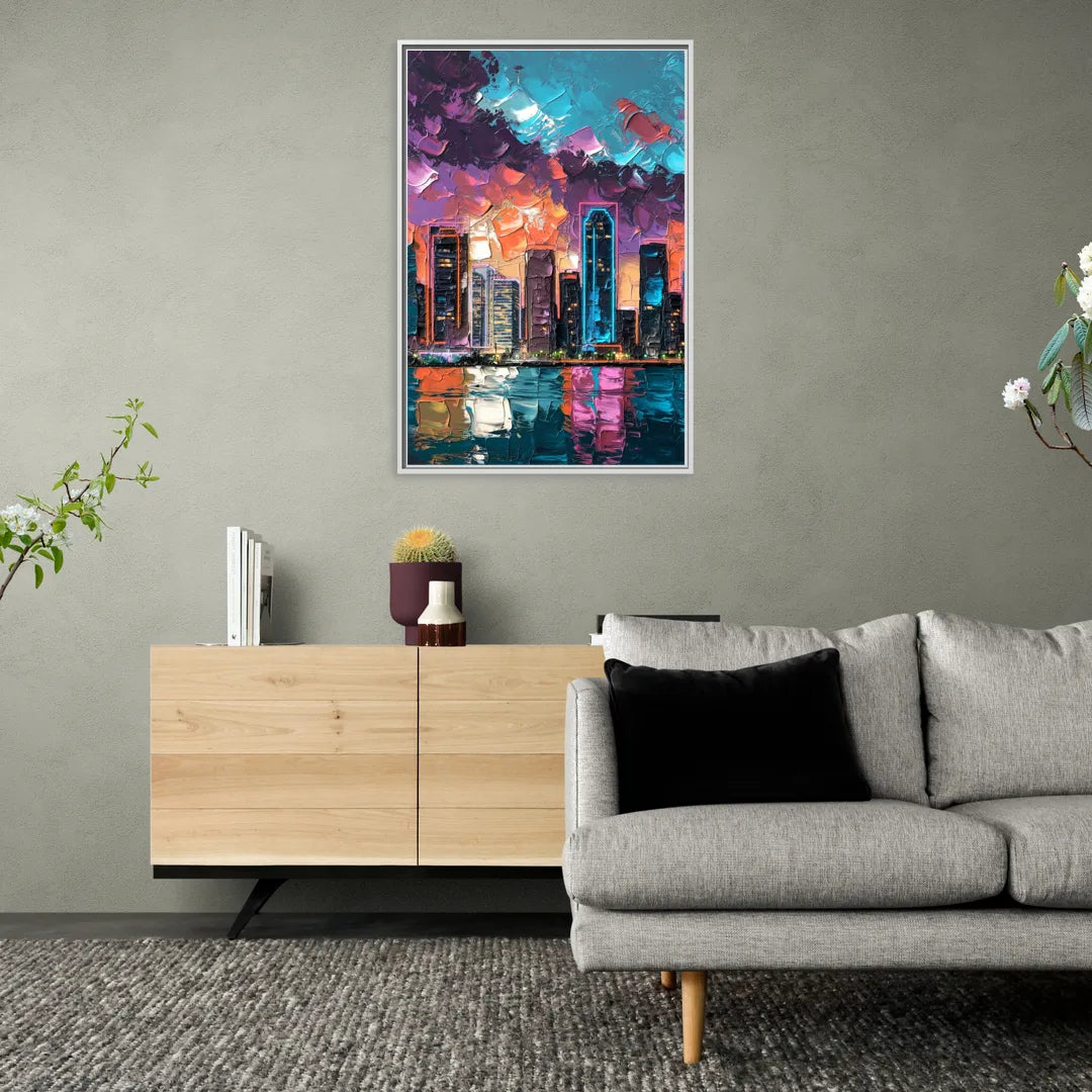 Miami Iconic Skyline - Living Room White Frame Canvas