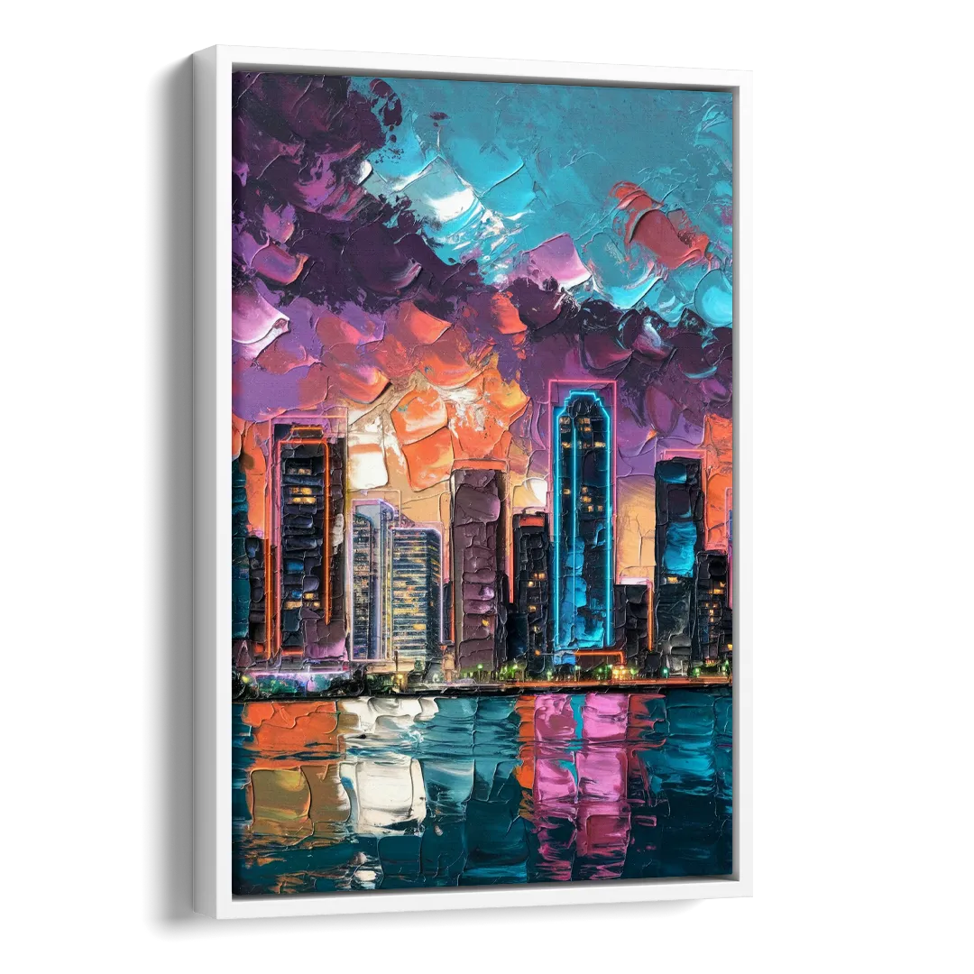 Miami Iconic Skyline Side - White Canvas Wall Art