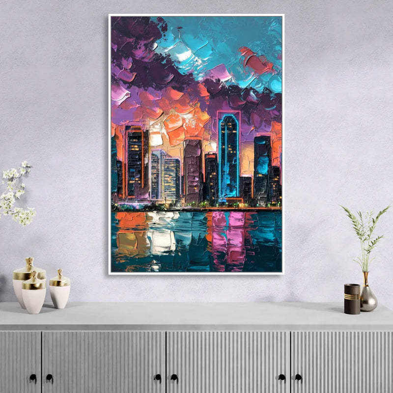 Miami Iconic Skyline Sitting Room - White Canvas Wall Art