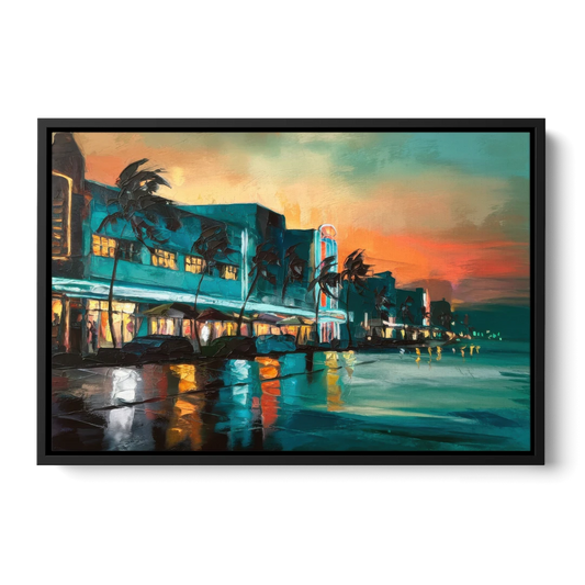Miami Ocean Drive Lights - Black Framed Canvas Wall Art - Front