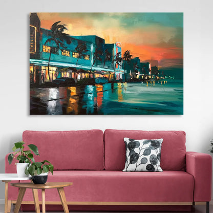 Miami Ocean Drive Lights Sitting Room - Canvas Wall Art
