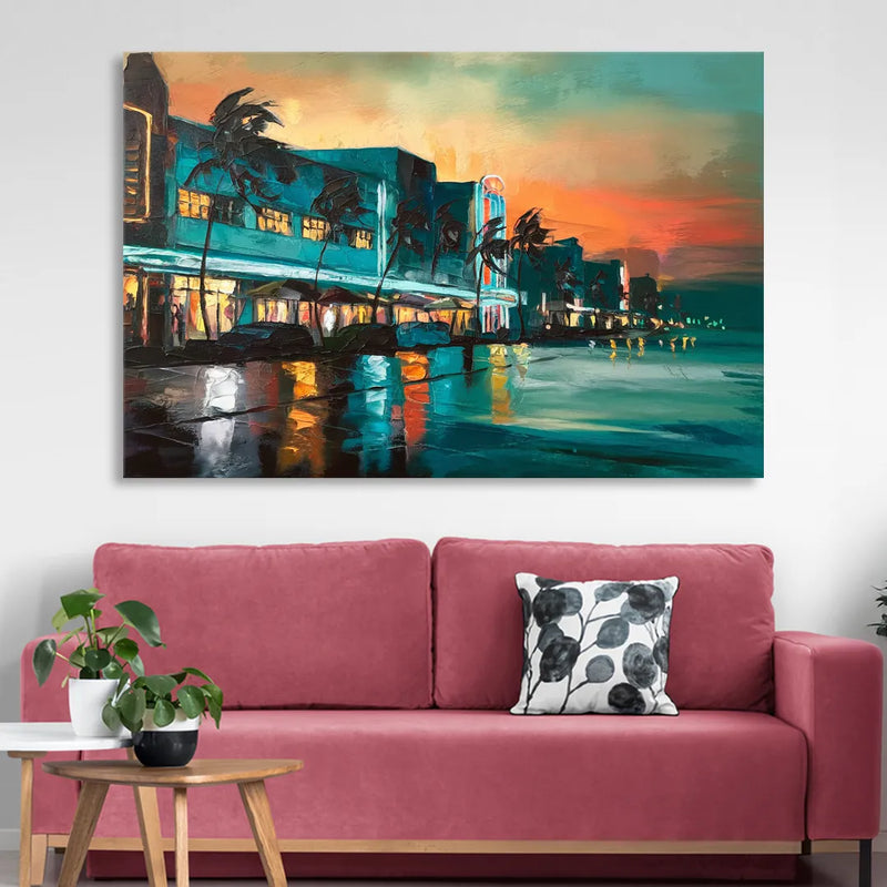 Miami Ocean Drive Lights Sitting Room - Canvas Wall Art