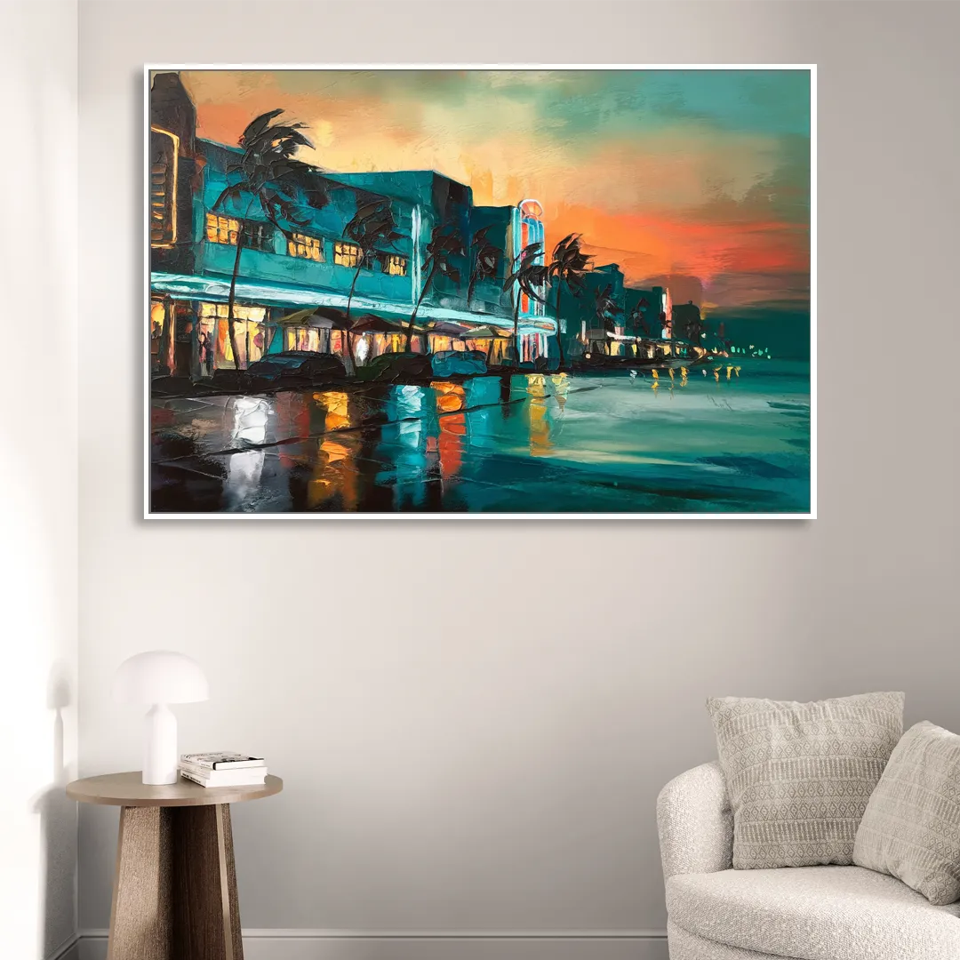 Miami Ocean Drive Lights Living Room - White Canvas Wall Art