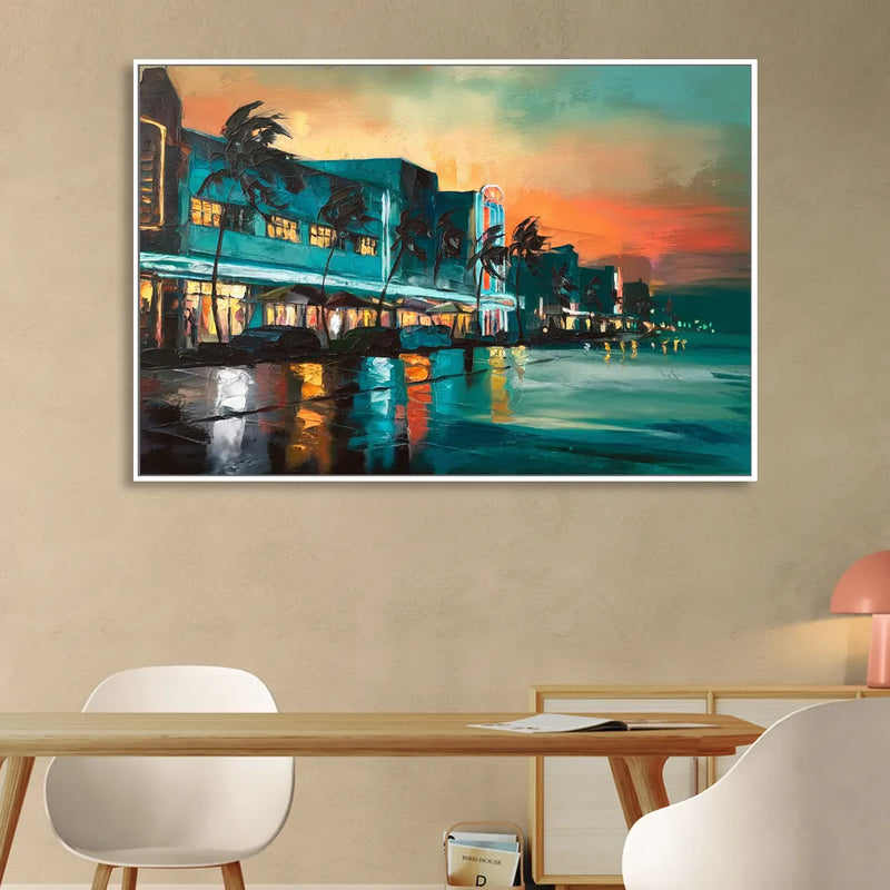 Miami Ocean Drive Lights Sitting Room - White Canvas Wall Art