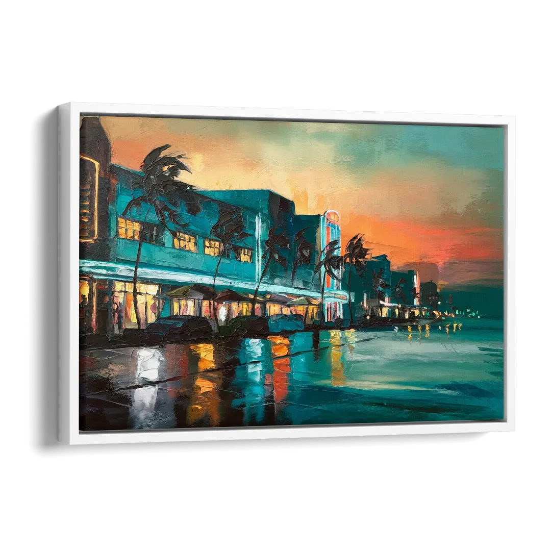 Miami Ocean Drive Lights Side - White Canvas Wall Art
