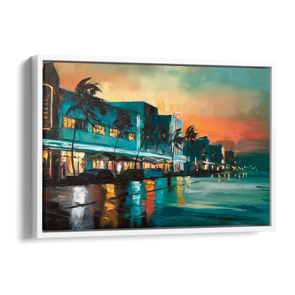 Miami Ocean Drive Lights Side - White Canvas Wall Art