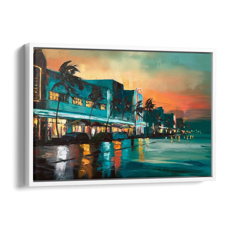 Miami Ocean Drive Lights Side - White Canvas Wall Art