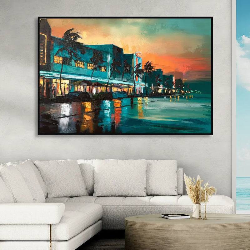 Miami Ocean Drive Lights Sitting Room - Black Canvas Wall Art
